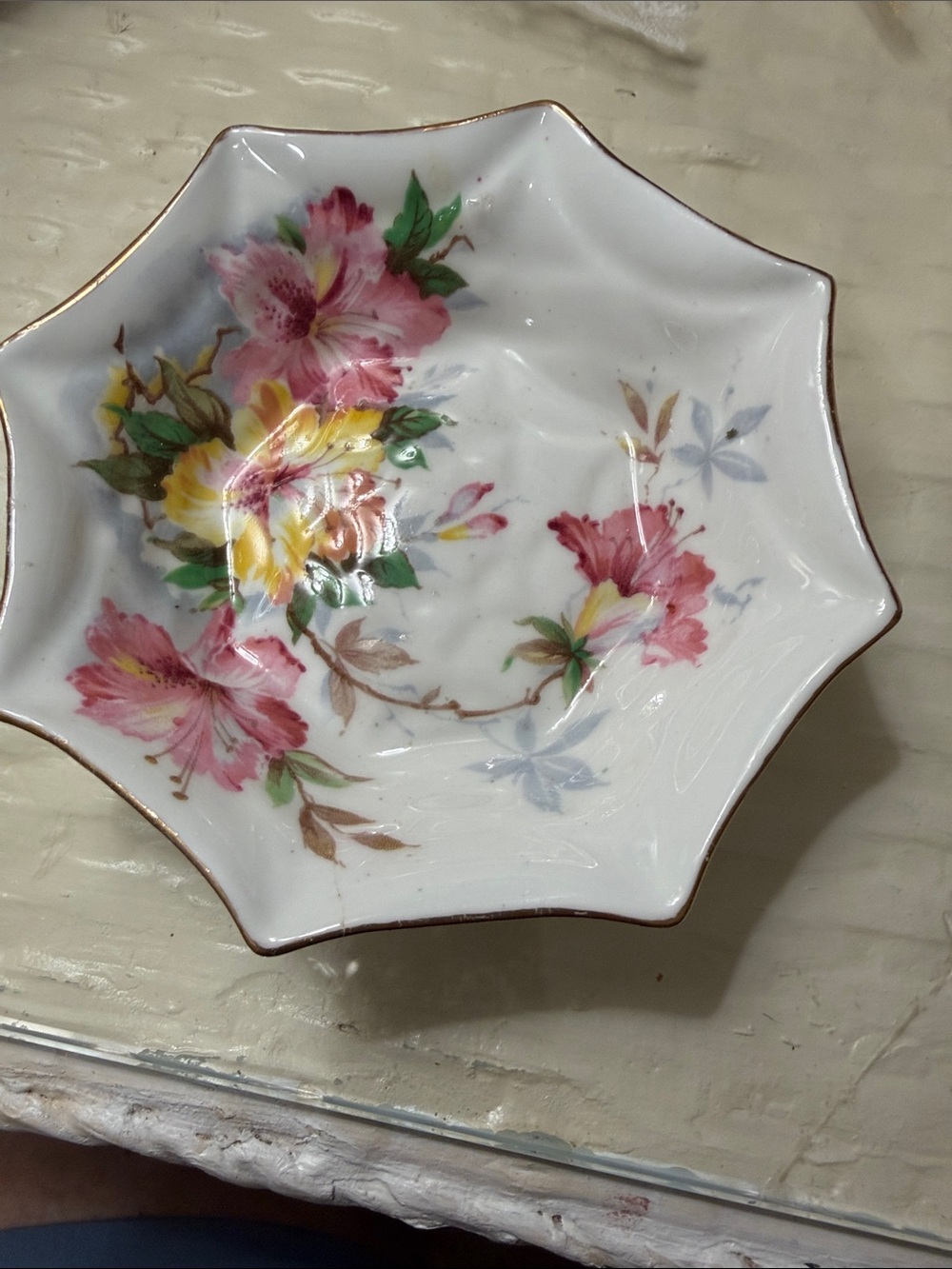 Porcelain Floral Star-Shaped Serving Bowl in Pink and Yellow hand painted